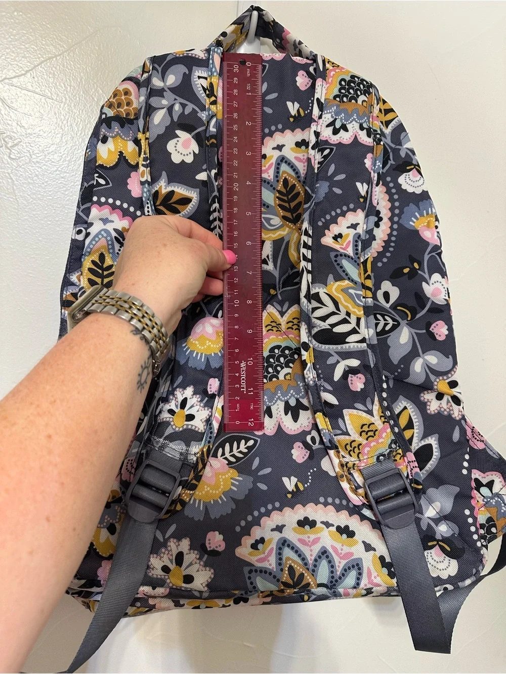 Vera Bradley Large Navy Floral Backpack with Pink, Yellow and Gray Accents